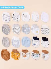 6 双新生儿防抓手套，随机多色可爱动物和彩虹印花卡通全指手套，适合所有季节、孕妇和婴儿用品 - 6雙隨機 - 查看 2