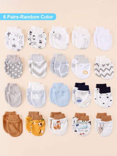 6 Pairs Newborn Baby Anti-Scratch Mittens, Random Multi-Color Cute Animal & Rainbow Print Cartoon Full Finger Gloves, Suitable For All Seasons, Maternity & Baby Supplies