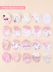 6 双新生儿防抓手套，随机多色可爱动物和彩虹印花卡通全指手套，适合所有季节、孕妇和婴儿用品 - 6雙隨機 - 查看 1