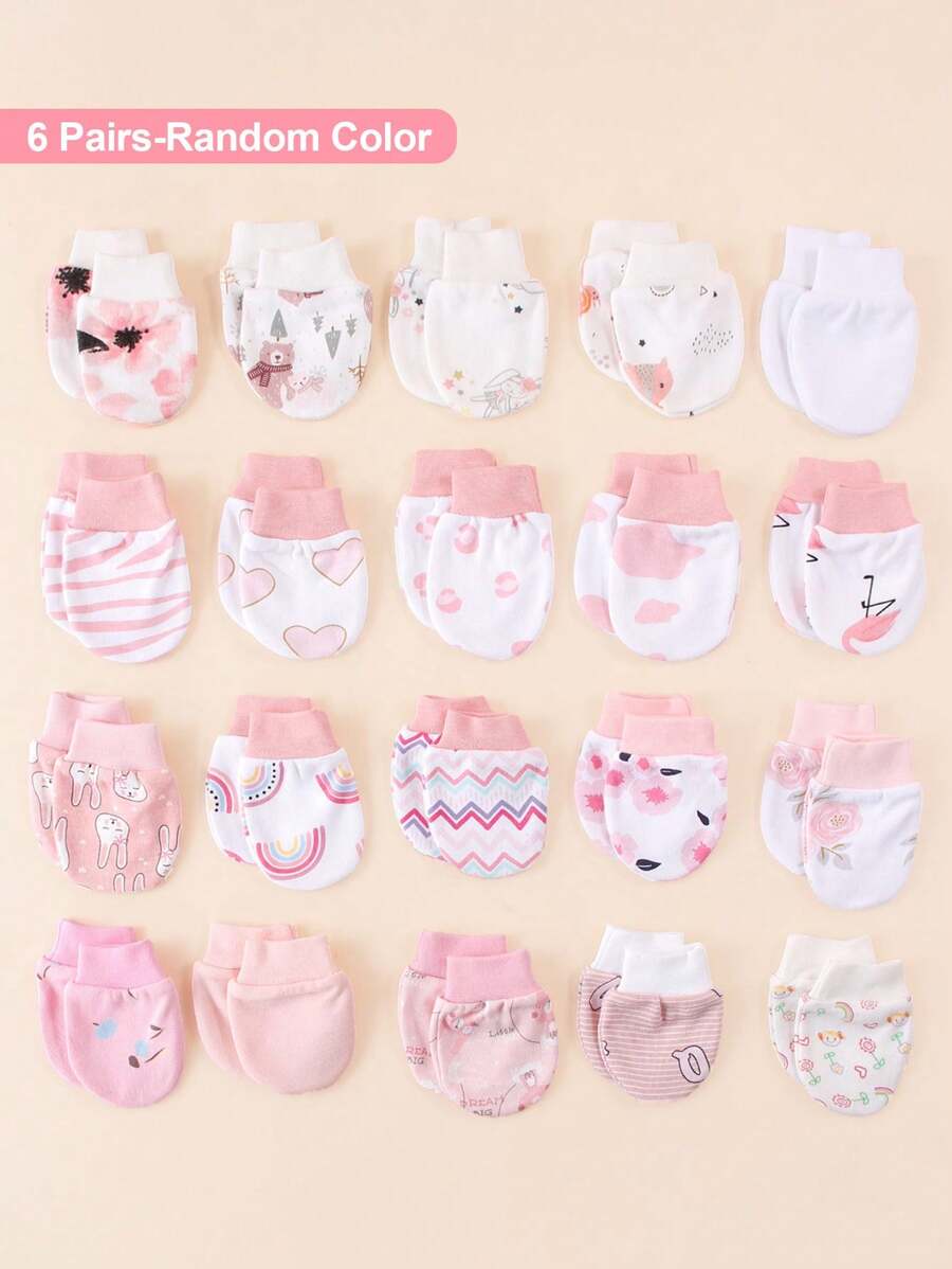 6 双新生儿防抓手套，随机多色可爱动物和彩虹印花卡通全指手套，适合所有季节、孕妇和婴儿用品 - 6雙隨機 - 查看 1