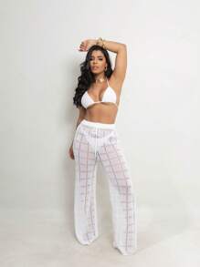 Crochet Knit Beach Cover-Up Pants Beachwear | Knitted Wide Leg Pants Summer Women's Fashion - 白色沙灘褲 - 查看 5