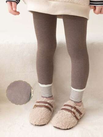 1pc Kids Striped Thick Warm Ankle Length Leggings For Autumn & Winter Outfit
