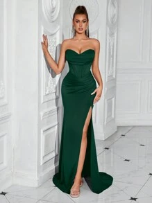 ADYCE Deep Sweetheart Neck Fishbone Ruched High Split Front Backless Formal Party Prom Long Dress For Ball And Date Night, Elegant Evening Gown, For Wedding Guest, Graduation, Dinner - Dark Green - View 1