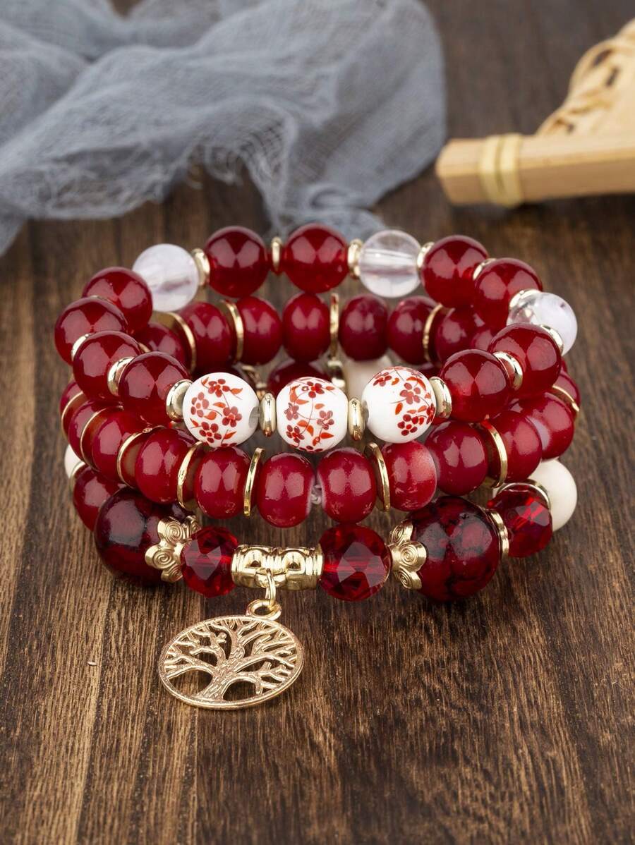 3pcs Tree Charm Beaded Bracelet - Red - View 1
