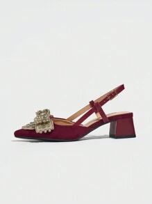 Dames instapschoenen met dikke hak en strass-strik, elegant en comfortabel, geschikt voor bruiloften, feesten, formele gelegenheden, herfst/winter, fluweelrood