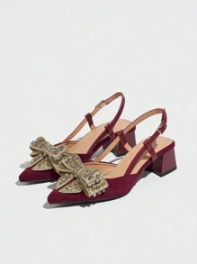 Dames instapschoenen met dikke hak en strass-strik, elegant en comfortabel, geschikt voor bruiloften, feesten, formele gelegenheden, herfst/winter, fluweelrood