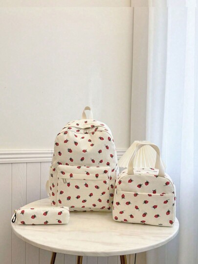 3 Pcs Back To School Backpack Set - Stylish Large Capacity Backpack&Lunch Bag& Pencil Case Multi-Pack,With Laptop Compartment Strawberry Pattern Backpack Featuring Adjustable Straps Spacious Multi-Pockets - Lightweight Portable Zipper Bags For Women/Girls/Students/Teens/Graduates Perfect For Outdoor/Travel/Middle School/High School /College, Bags For University, University Essentials