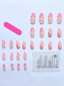 24Pcs Long Stiletto False Nails Wave Peals Decorated Wearable French Fake Nails Press On Nails Leopard Print Almond Manicure Tip Nail Supplies Nails