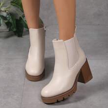Chunky Heel Short Boots, Elegant British Style, Versatile - Beige - View 1
