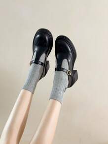 新季玛丽珍鞋，乐福鞋，厚底坡跟，防水，金属扣，刺绣镂空，学生通勤鞋 - 黑色 - 查看 5