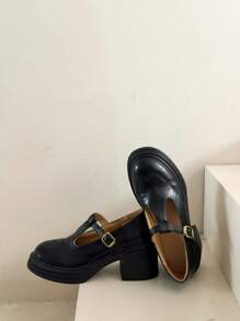 新季玛丽珍鞋，乐福鞋，厚底坡跟，防水，金属扣，刺绣镂空，学生通勤鞋 - 黑色 - 查看 2