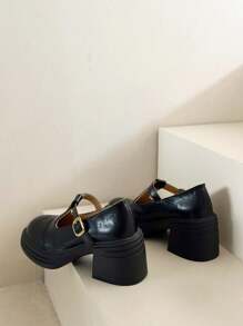 新季玛丽珍鞋，乐福鞋，厚底坡跟，防水，金属扣，刺绣镂空，学生通勤鞋 - 黑色 - 查看 3