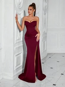 Elisanya Đầm dài dự tiệc trang trọng hở lưng cổ chữ V sâu xẻ cao phía trước cho buổi dạ hội và đêm hẹn hò, đầm dạ hội thanh lịch, cho khách dự tiệc cưới, tốt nghiệp, đầm dự tiệc tối trang trọng - Màu Đỏ Sâu - Xem 7