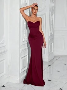 Elisanya Đầm dài dự tiệc trang trọng hở lưng cổ chữ V sâu xẻ cao phía trước cho buổi dạ hội và đêm hẹn hò, đầm dạ hội thanh lịch, cho khách dự tiệc cưới, tốt nghiệp, đầm dự tiệc tối trang trọng - Màu Đỏ Sâu - Xem 6