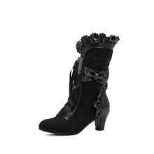Women's Bowknot Lolita Boots – Mid-Heel Lace-Up Design With Elegant Vintage Charm - Black - View 4