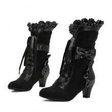 Women's Bowknot Lolita Boots – Mid-Heel Lace-Up Design With Elegant Vintage Charm - Black - View 2