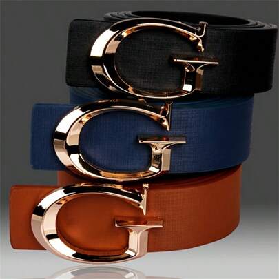 Unisex Casual Fashionable Designer PU Leather Belt, High-Quality Luxury Gold Letter G Buckle, Ideal Gift For Holidays Summer, School