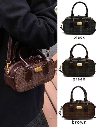 时尚女士手提包 2024 新款单肩包小众设计斜挎包休闲百搭简约别致手提包，舒适材质 PU 拼色拉链开合可调节可拆卸肩带，舒适的手持空间，秋冬季时尚保龄球包