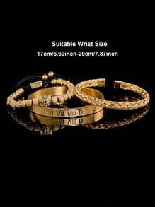 3 件/套奢华手工编织手链男士密镶 CZ 豹纹罗马数字腕带不锈钢珠宝自信男士商务休闲日常佩戴父亲男友生日礼物