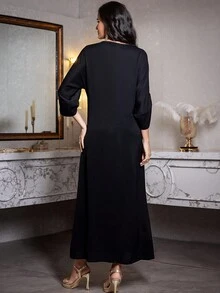 Long Arabic Style Evening Dress With Beaded Embellishments, Black Nida Crepe, Handmade Cuffed Sleeves, Suitable For Home Party, Festivals,Modest