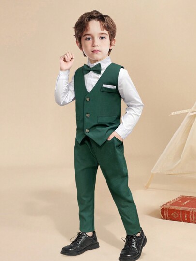 2024 Slim Fit Formal Suit Set For Young Boys, Includes White Shirt, Solid Vest, Bow Tie, And Pants, 4pcs, Stylish Casual Outfit For Boys, Suitable For Weddings, Holidays