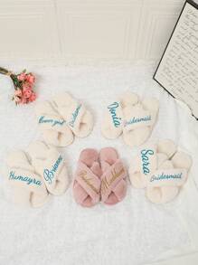 Custom Fluffy Slippers, Custom Bride Slippers, Fluffy Bridesmaid Slippers, Bride Slipper Personalized, Christmas Party Slippers, Fluffy Slippers, Bride Slippers, Fluffy Cross Pearls Slippers, Bride Gift, Bridal Shower Gift