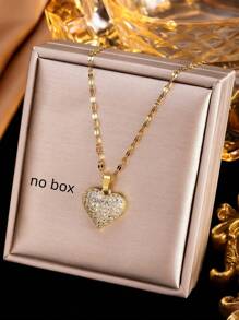 3 件/套金色不锈钢首饰套装：方晶锆石心形项链和耳环，优雅浪漫，时尚休闲装，适合日常、通勤、聚会、节日派对（仅供拍摄包装）