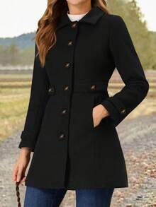Płaszcz damski jednorzędowy z kołnierzem ściągającym w talii, długi, czarny