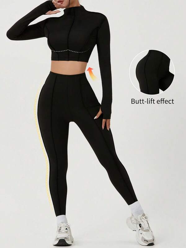 Set 2 bucăți cu guler cu cusături inversate Set sport negru pentru yoga
