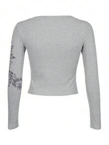 Women's Vintage Angel Wing Floral Print Long Sleeve T-Shirt Casual Graphic Tee Streetwear Top - Grey - View 5