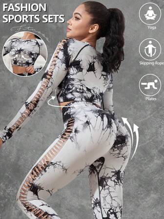 2 件套女士性感镂空扎染无缝长袖打底衫和运动裤套装