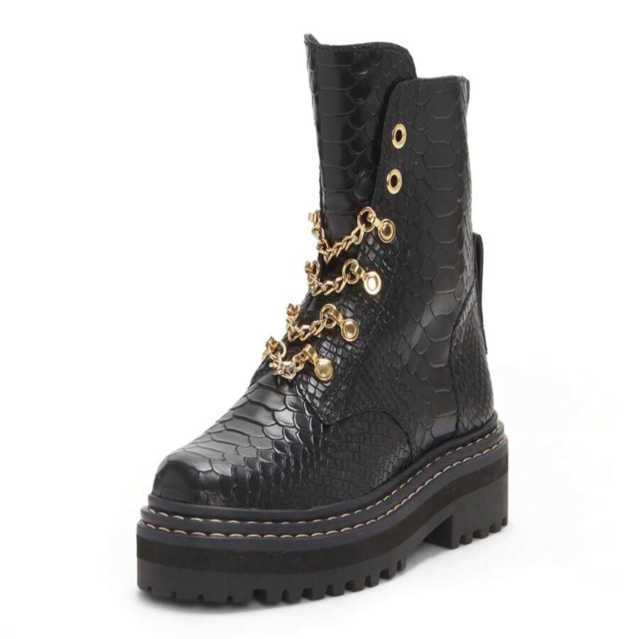 Camuto Popinta Black Smooth Snake Closure Rounded Toe Chain Detailed ...