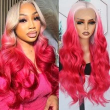 13X4 Free Part Ombre Pink Body Wave Synthetic Lace Front Wigs For Women 28 Inch Long Wavy Hair Wigs Glueless Soft Pink Ombre Colored Wigs Heat Resistant Christmas Wig Natural Long Wave Lace Front Wigs For Daily Party Cosplay Use - 漸層粉紅色 - 查看 2