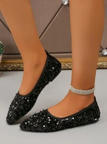 Women's Fashionable Sparkling Black Sequined Pointed Toe Ballet Flats, Elegant Sophisticated Flat Slip-On Shoes For Daily, Work, Party Wear, Comfortable & Lightweight, Spring/Autumn Valentines