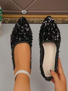 Women's Fashionable Sparkling Black Sequined Pointed Toe Ballet Flats, Elegant Sophisticated Flat Slip-On Shoes For Daily, Work, Party Wear, Comfortable & Lightweight, Spring/Autumn Valentines