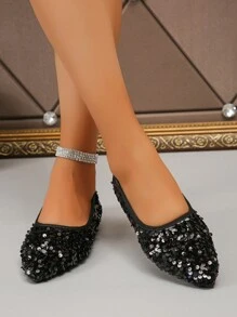 Women's Fashionable Sparkling Black Sequined Pointed Toe Ballet Flats, Elegant Sophisticated Flat Slip-On Shoes For Daily, Work, Party Wear, Comfortable & Lightweight, Spring/Autumn Valentines