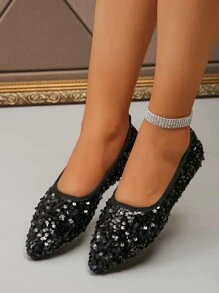Women's Fashionable Sparkling Black Sequined Pointed Toe Ballet Flats, Elegant Sophisticated Flat Slip-On Shoes For Daily, Work, Party Wear, Comfortable & Lightweight, Spring/Autumn Valentines