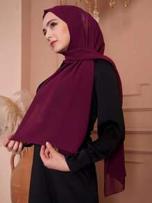1pc Women's Casual Solid Color Chiffon Muslim Hijab Scarf, Breathable Sun Protection, Versatile Daily Wear - Wine Red - View 3