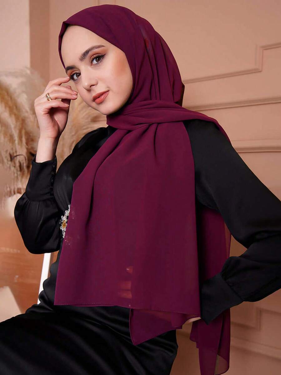1pc Women's Casual Solid Color Chiffon Muslim Hijab Scarf, Breathable Sun Protection, Versatile Daily Wear - Wine Red - View 1