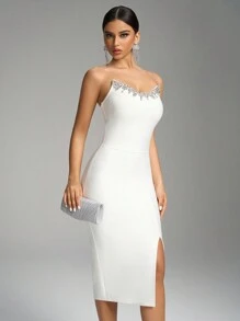 Fuaheng Strapless Backless Diamond-Decorated Tight Bandage Dress, Slit Hem, Suitable For Cocktail Party, Date, Workplace Formal Occasion - White - View 3