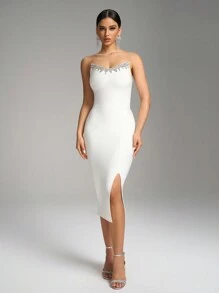Fuaheng Strapless Backless Diamond-Decorated Tight Bandage Dress, Slit Hem, Suitable For Cocktail Party, Date, Workplace Formal Occasion - White - View 2