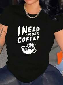 Women Skull And Coffee Pattern Shirt Cotton T-Shirt Soft Breathable Comfort-Fit Crew Neck Tee