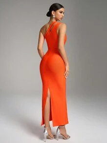 Fuaheng Đầm bó sát cổ không đối xứng đính đá Rhinestone có xẻ sau lưng Đầm dự tiệc Đầm dự tiệc cưới Đầm trang trọng Đầm dạ hội, Váy - trái cam - Xem 4