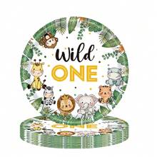 10 件/20 件/50 件，Wild One 生日装饰盘子套装丛林主题盘子和杯子和餐巾套装 1 岁生日派对用品 - 彩色 - 查看 10