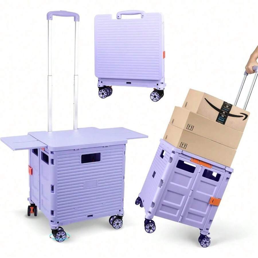 Foldable Utility Cart Folding Portable Rolling Crate Handcart Shopping Trolley Wheel Box With Lid Wear-Resistant Noiseless 360°Rotate Wheel For Travel Shopping Moving Storage Office Use (Green) - Purple - View 1