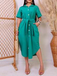 VESTIDO LINHO COM CINTO   SUZI MODA - Verde Escuro - Visão 1