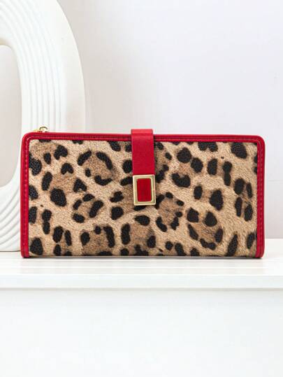 Cartera de mujer con parches de colores contrastantes, estampado de leopardo y grano de árbol, multiusos, portátarjetas elegante con cierre a presión, gran capacidad con cremallera para monedas, ligera y portátil, adecuada como regalo para mujeres jóvenes estudiantes en vacaciones