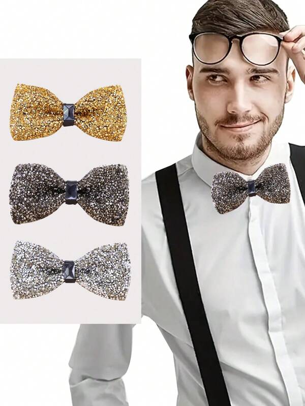 1 pieza Pajarita con decoración de cristal y strass para hombres, boda, fiesta, accesorios de banquete