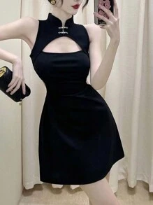 Women's Solid Color Sleeveless Cheongsam, Minimalist Fashion Casual Everyday Wear, Halloween