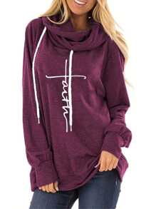 Simple Drawstring Hoodie Faith Letter Printed Long-Sleeved Hoodie - 紫紅色 - 查看 1
